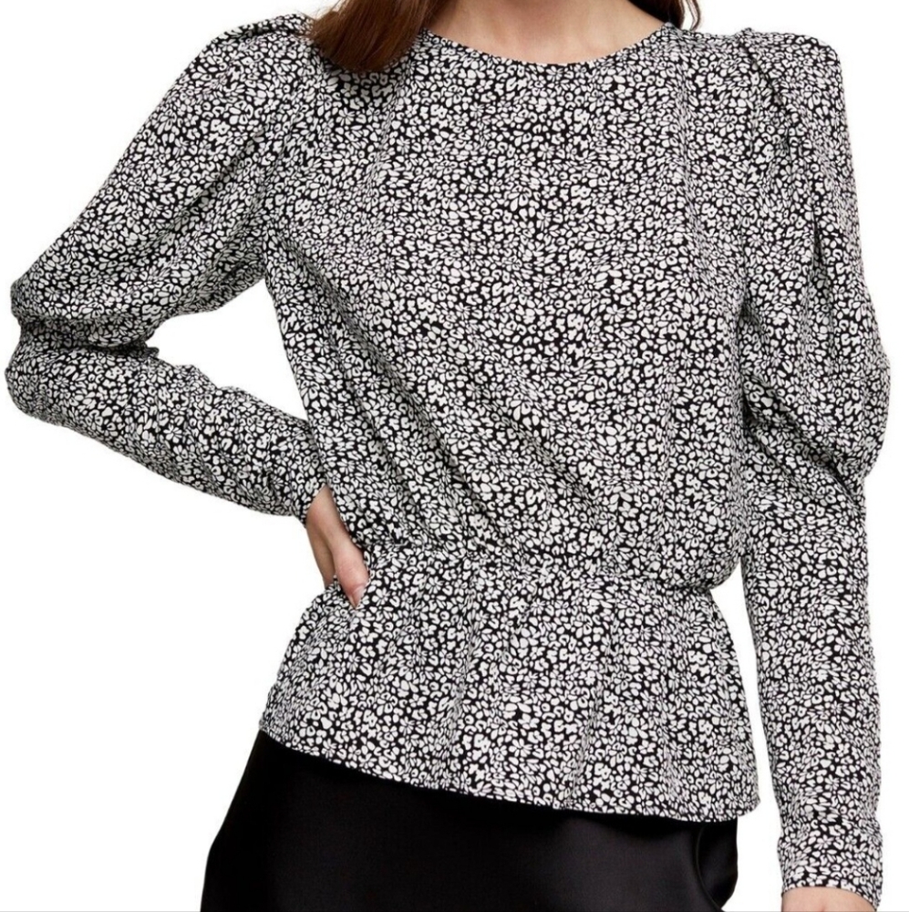 Topshop Black and White Printed Long-Sleeve Blouse